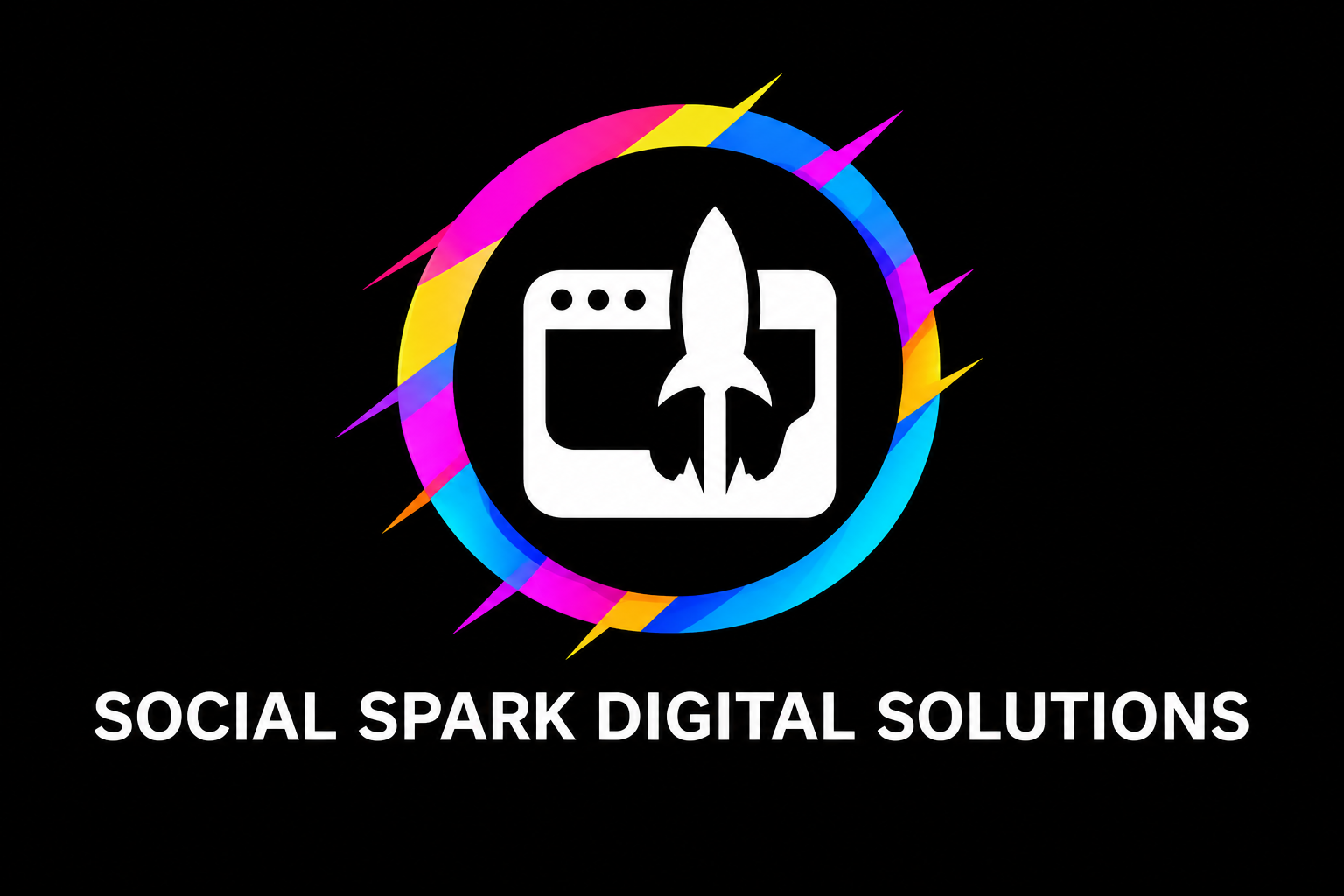 The Social Spark Digital Solutions logo: a rocket rising through a browser window, encircled by a broken ring of pink, yellow, cyan and violet arcs.